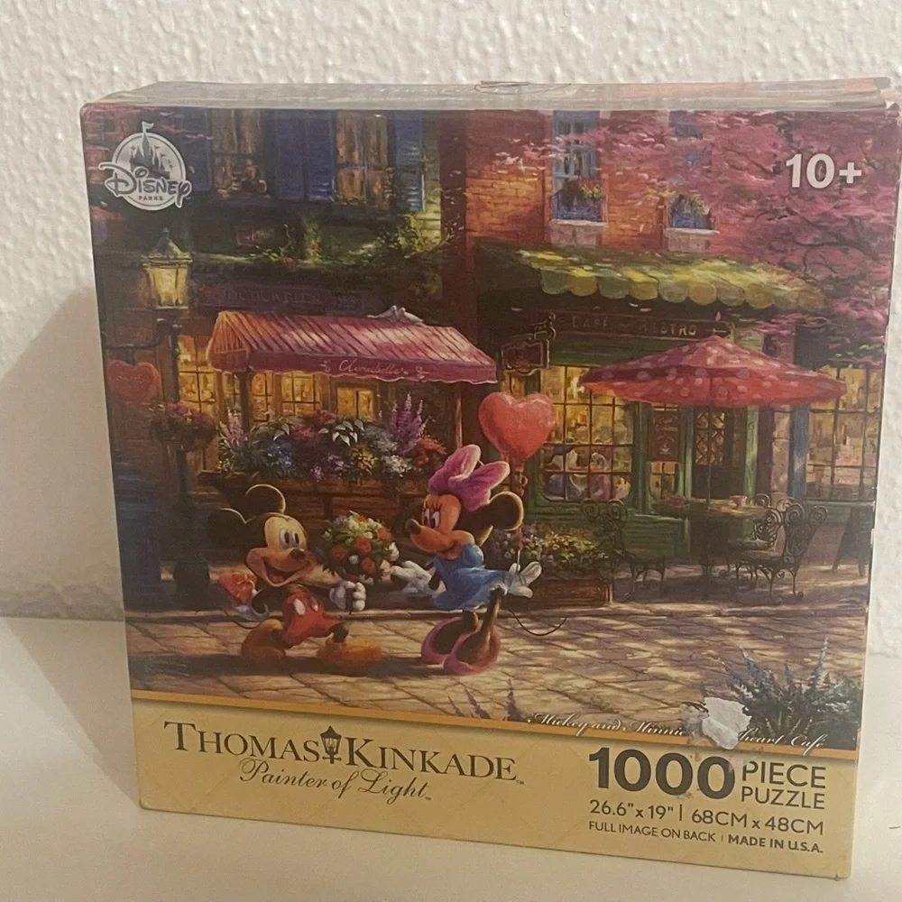 Disney Parks Kinkade Mickey Minnie Sweetheart Cafe 1000 piece Jigsaw Puzzle RARE